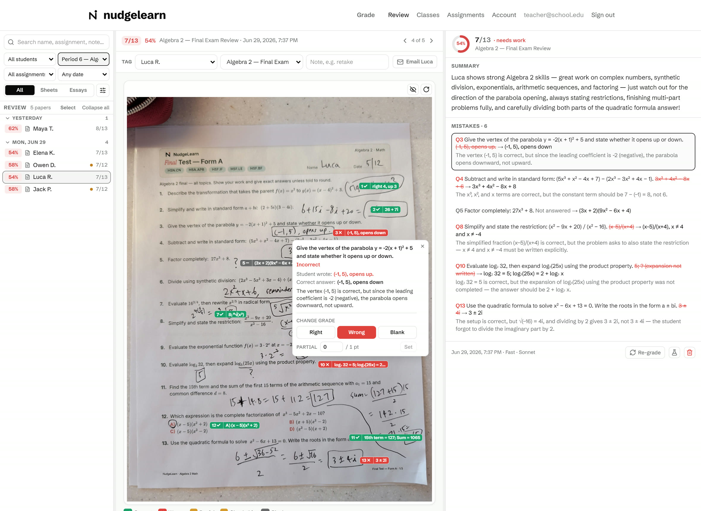 The Review desk with a graded worksheet open