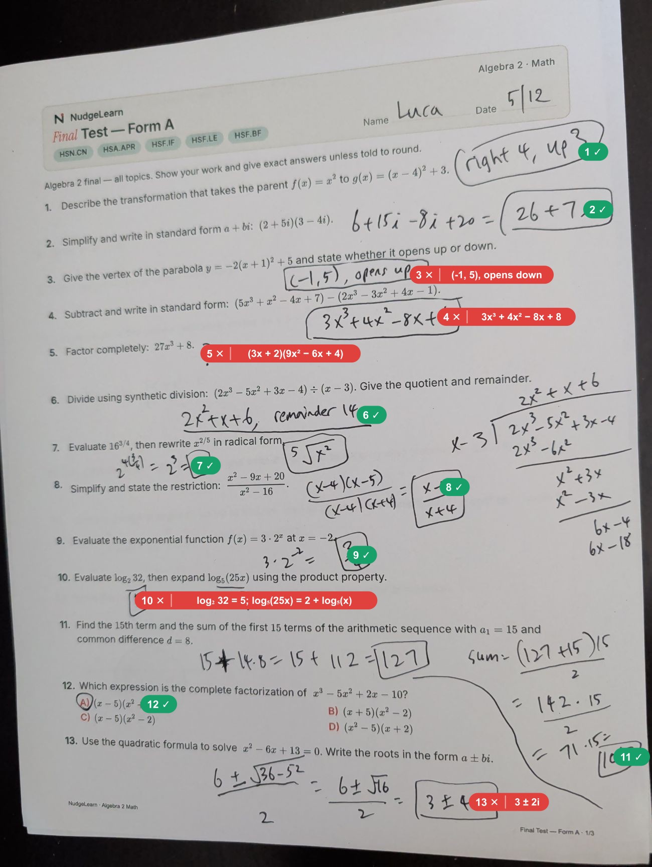 A graded Algebra 2 test — green check and red correction marks next to the student’s handwriting
